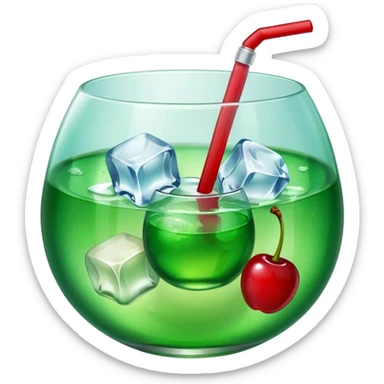 Create an emoji with a very clear rounded glass and ice, bright transparent green soda , a smooth vanilla scoop circle shape, a glossy red cherry, using vibrant colors, soft shading, and clear glass highlights.
 sticker