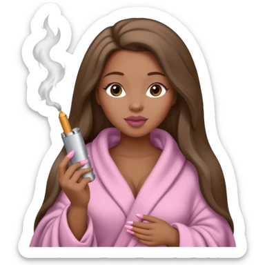 Curvy, light brown long hair, pretty black girl light pink lipgloss wrapped in blanket holding a lighter and brown cigarette  sticker