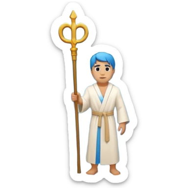 iOS-style 3D emoji: wide blue sea split into two towering water walls, dry path in the middle, Moses standing at the center holding a staff upright sticker