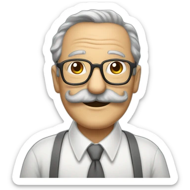 smiling old painter wearing a big gray horeshoe mustache and glasse. he wears a shirt and tie sticker