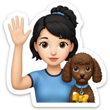 Ponytail black hair girl with brown Poodle say goodbye  sticker