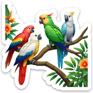 Close-up collage of vibrant Ara parrots and Inca cockatoos sitting on tree branches, surrounded by lush greenery. Bright colors of the birds stand out against a natural, sunny background of trees and flowers. Transparent background. sticker