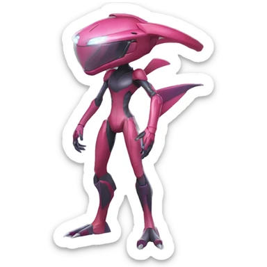 a shiny Genesect-Flygon-Raptor-Fakémon—hybrid with a futuristic visor-helmet full body sticker