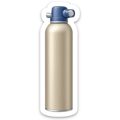 slim aerosol can with smooth metallic or matte finish, capped with rounded nozzle, subtle shine, neutral coloring grey beige or dark blue, utility without branding, closed spray bottle, soft lighting, subtle shadows, emoji scale sticker