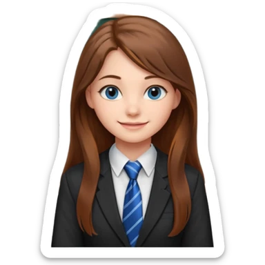 high school class room with a pretty female high school student with long brown hair, blue eyes, wearing a tie, sitting in front of the blackboard sticker