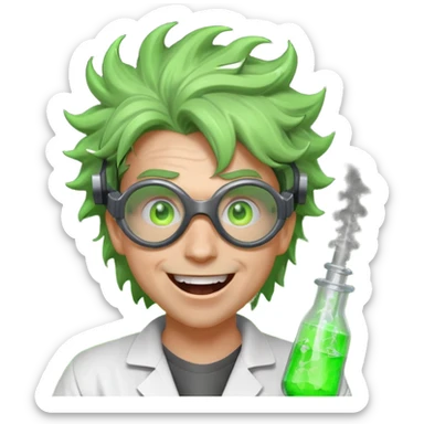 mad nuclear scientist portrait, head and shoulders only, messy hair, cracked goggles, glowing radioactive green light, excited crazy smile, 3D cartoon, mobile game icon style, clean background, no text, no watermark
 sticker