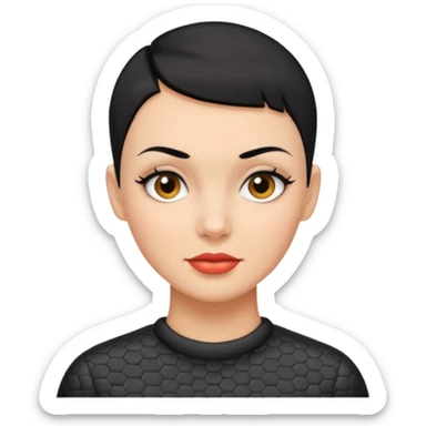 Lady with black buzz cut hair and dimpled face sticker