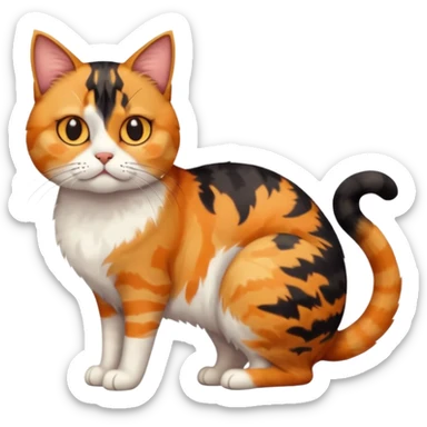 full body calico tabby cat with skinny head and fat body with an anxious face sticker