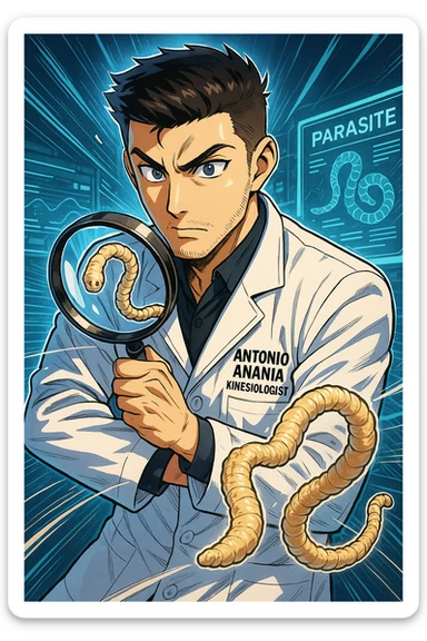 A dynamic manga/webtoon-style illustration of a young male kinesiologist wearing a clean white lab coat, analyzing light beige worms like a tapeworm under a magnifying glass. His expression is focused and slightly intrigued, with sharp, detailed eyes. The art style is vibrant, with bold linework, rich colors, and dramatic lighting. The background is a futuristic laboratory with glowing holographic screens displaying parasite data. The tapeworm is intricately drawn, slimy and segmented, with a slightly exaggerated yet realistic texture. The composition is dynamic, with motion lines or energy effects to emphasize his scientific investigation. The atmosphere is intense but not dark, keeping a balance between scientific seriousness and stylish manga aesthetics, he has "ANTONIO ANANIA" WRITTEN ON WHITE LAB COAT sticker