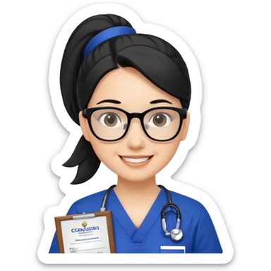 Ghibli style scene of jumping Nurse, white woman, black hair in ponytail, brown eyes, black glasses, royal blue scrubs happy with Certificate  sticker
