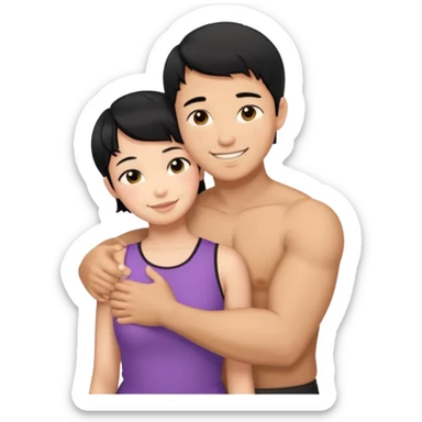 buff tan asian Man black hair hugging girl with black pixie cut  sticker