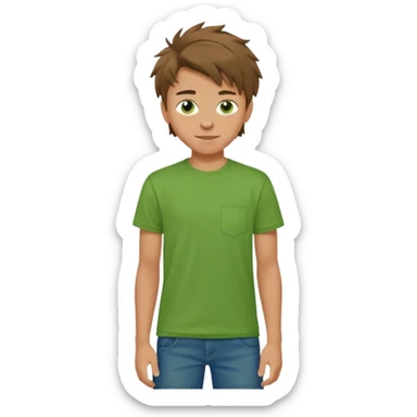 A 14 yerar old teenage boy, slightly tanned, wearing a green tshirt (no pocket), blue jeans and green sneakers with brown tousled hair, smirking sticker