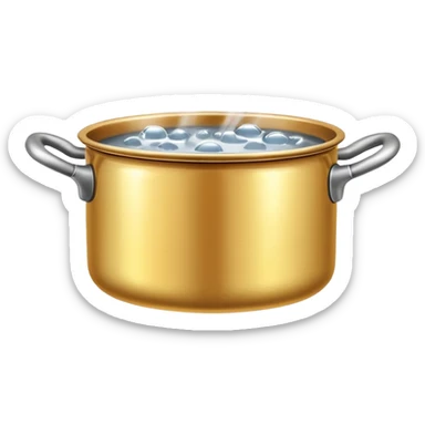 small metal pot filled with boiling water on a stove, visible hot steam and rising bubbles, realistic heat effect, shiny pot surface, bright lighting, clean white background sticker
