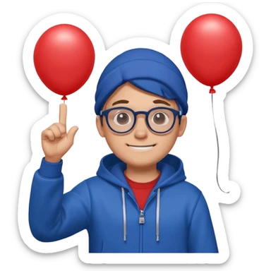 Gus from Brawl Stars, smiling, waving, round glasses, blue hoodie, holding balloon sticker