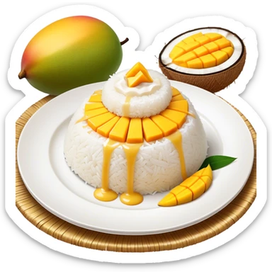 Mango Sticky Rice Cinematic Realistic Mango Sticky Rice Dessert Emoji, depicted as sticky rice drizzled with coconut milk topped with a layer of coconut cream, accompanied by sliced mango on the side of the plate, rendered with vivid textures and warm, tropical lighting. sticker