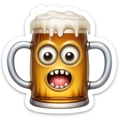 A wobbly beer tankard with eyes and teeth like a mimic monster, overflowing with beer sticker
