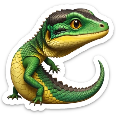 cinematic-realistic-cute-monitor-lizard-portrait-emoji,-head-tilted-playfully-and-inquisitively,-featuring-a-compact,-agile-body-with-finely-detailed,-glossy-scales-in-earthy-black and yellow-hues-and-a-distinct,-alert-face-with-bright,-curious-eyes, black , yellow spotted and green band  scales and a slender neck sticker