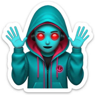 Neon cyberpunk hooded hacker emoji using the exact original palette: crimson red glow, cyan/teal highlights, black shadows. Character shakes head “no” and shows stop hand. Text “NO TO SCAMS” in red neon. Smooth looping animated sticker, transparent background, Discord emoji style. No new colors. sticker