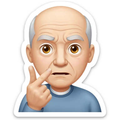 An elderly man with gray hair and a bald spot on top of his head angrily points his middle finger at the viewer's face. sticker