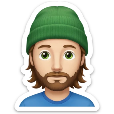 white man
aged 40
Blue eyes, 
mid length brown wavy hair
Green beanie hat
Stubble sticker