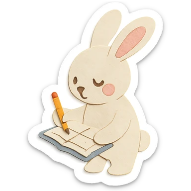 highly detailed, high quality paper craft style illustration of a cream-colored bunny standing and writing in a planner, intricate textures, soft lighting, delicate cut-paper details sticker