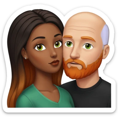 ebony black women with brown eyes and long balayage brown/black hair.  She is kissing bald white man. The White man is 47yrs old, pale, green eyes has orange facial hair and long beard  sticker
