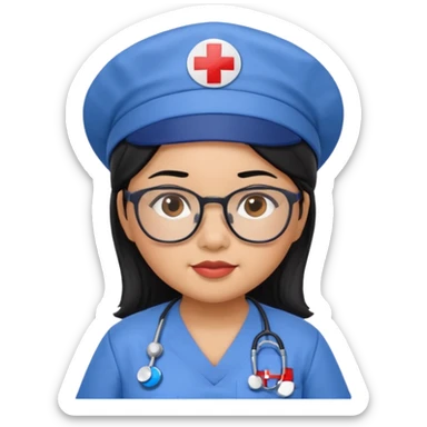 FILIPINA FEMALE NURSE, CHUBBY, BLACK HAIR, WITH GLASSES, BLUE SCRUBS, AND CAP sticker