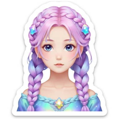 Beautiful gorgeous anime lady with beautiful iridescent-nebula-braided-hair, fashion aesthetic, ethereal, fairycore, pastelcore sticker