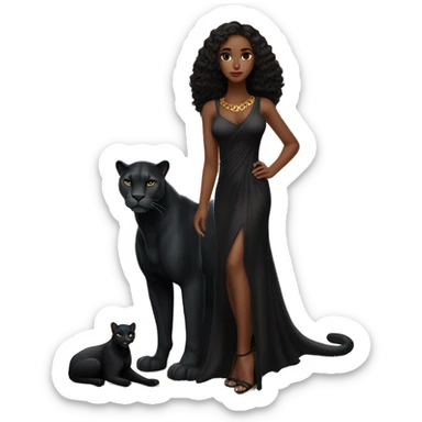 A beautiful girl with dark brown hair below her shoulders, big black eyes and long eyelashes, dressed in a black tight long dress and next to her, near her feet, a statuesque black panther with amber eyes and serious in the sticker