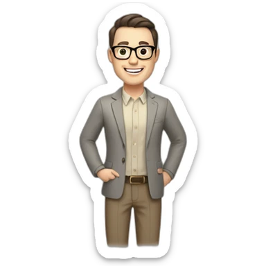Joyful Full height Pale skinned Fit Man With dark brown hair in gray jacket, beige office shirt, Brown pants and vintage glasses. His thrumbs up sticker