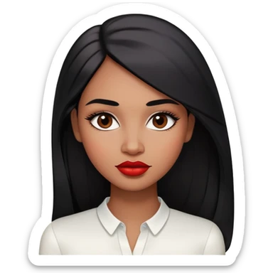 Young woman with medium to dark brown skin, oval face, high cheekbones, dark brown eyes, thick eyebrows, red lipstick, long straight black hair, wearing a white blouse sticker