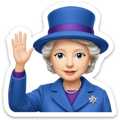 Queen Elizabeth II emoji, waving hand, blue hat and coat sticker
