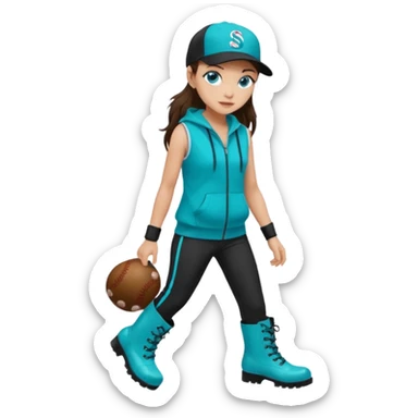 A landscaper in a beautiful turquoise hoody and turquoise rubber boots, black pants, and a black sleeveless shirt. On her head is a black color Swissotel baseball cap. The girl is a brunette with blue eyes. sticker