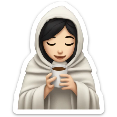 white girl with black hair inside a blanket sipping coffee eyes closed sticker