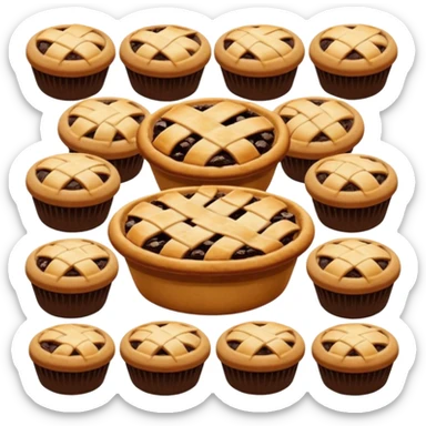 Baking community avatar in clean emoji-style illustration. Pies, cookies, and muffins grouped together, warm golden tones, simple shapes, flat design, high contrast, cozy and friendly. sticker
