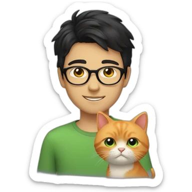 Boy with green eyes, glasses, with black short hair, with orange Persian cat sticker