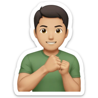 A determined Korean man in a green shirt, clenching his right fist with a confident & smile expression. Emoji-style digital illustration sticker