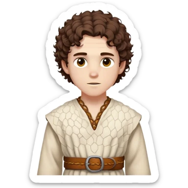 Medieval spring outfit worn by a DnD themed fantasy male character. Natural undyed wool tunic with subtle honeycomb pattern weaving, secured by a braided leather belt with bone toggles. Clothes only above the waist, full waist coverage. The character has no arms. Character is white-skinned with rich brown hair, amber eyes, and short curly hair with a slight windswept look. sticker