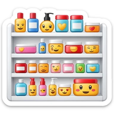 emoji of front view beauty product shelf with last item with brand label sticker