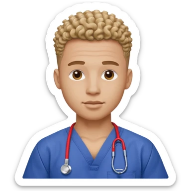 Ripped, athletic man with thick neck, high top fade with no part, curly hair only top only, no shirt and show waistline up add scrubs sticker