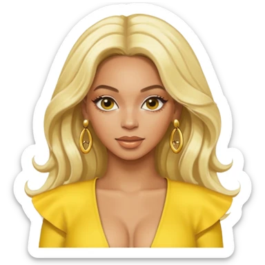 Beyonce with long platinum blonde hair, yellow outfit and earring sticker