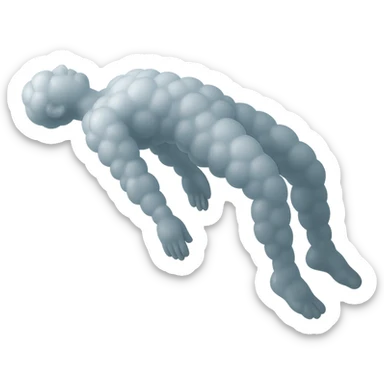 side view unconscious person flying with torso upwards, arms and legs downwards, made of small convex white clouds, matte glass style sticker