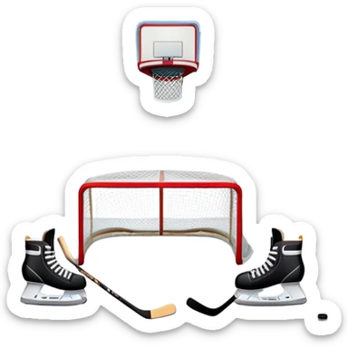 An icon showing a hockey stick, puck, skates, and goalposts on the ice. The background features a large hockey stadium with cheering fans, bright lights, and a snowy landscape visible through the arena. Transparent background highlights the main hockey equipment and atmosphere. sticker