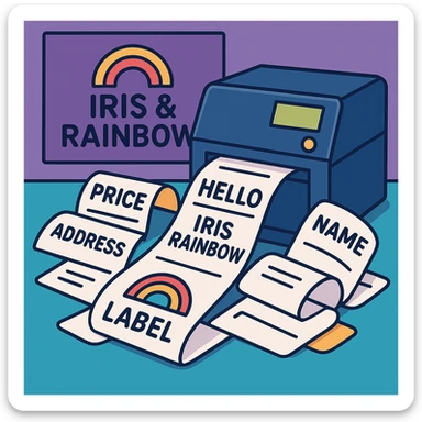 Change the background color behind the 'Iris & Rainbow' logo to purple. Do not add a rainbow to the logo. Keep the rest of the scene the same: a label printer producing many labels, clean and professional look. sticker