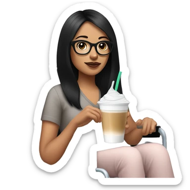 A young woman with straight black hair, light skin, and dark brown eyes sits in a black wheelchair. She has a light pink hearing aid, large black glasses, and a small mole by her right lip. Holding an iced coffee, she exudes a calm, stylish vibe. sticker