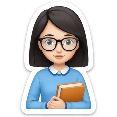 cute girl, glass, smart, Sky-blue colored clothing,
holding a book in one arm and a pen in the other hand.Holding a pen in the right hand as if teaching.Wearing black glasses, with a smart and bright-looking face. sticker