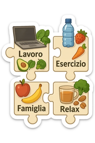 Puzzle (Lavoro, Esercizio, Famiglia, Relax), and healthy foods are integrated into each piece. in italiano sticker