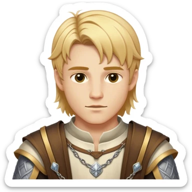 Medieval summer outfit worn by a DnD themed fantasy male character. Character has golden blonde hair cut in an even, symmetrical style that falls precisely to the jawline, with a perfectly centered part and identical lengths on both sides. sticker