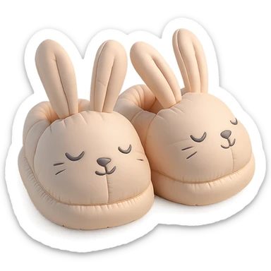 pair of bunny slippers with floppy ears and embroidered eyes, cozy and rounded, pastel palette, cushion style sticker