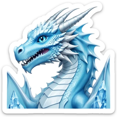 Cinematic Noble wise elegant Ice Dragon full body  Emoji, Poised and imposing, distinct long elegant snout, with a slender, scaled body shimmering in glacial hues of icy blue, frostbitten silver, and crystalline white, breathing out frost, with piercing, glowing ice blue white eyes that radiate the chilling depths of an arctic storm; rendered in detail. excuding wisdom sticker